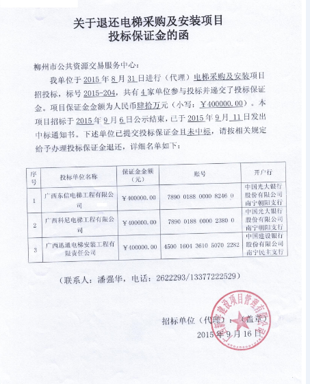 关于退还电梯采购及安装项目投标保证金的通知
