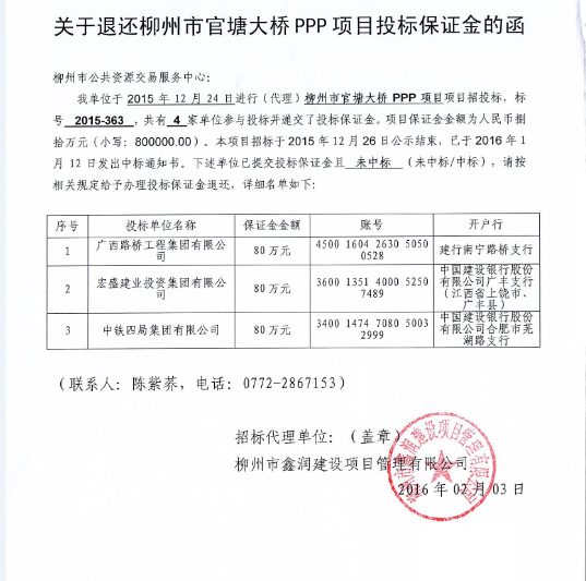 关于退还官塘大桥ppp项目投标保证金的通知