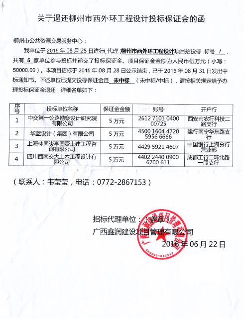 关于退还柳州市西外环工程设计投标保证金的通知